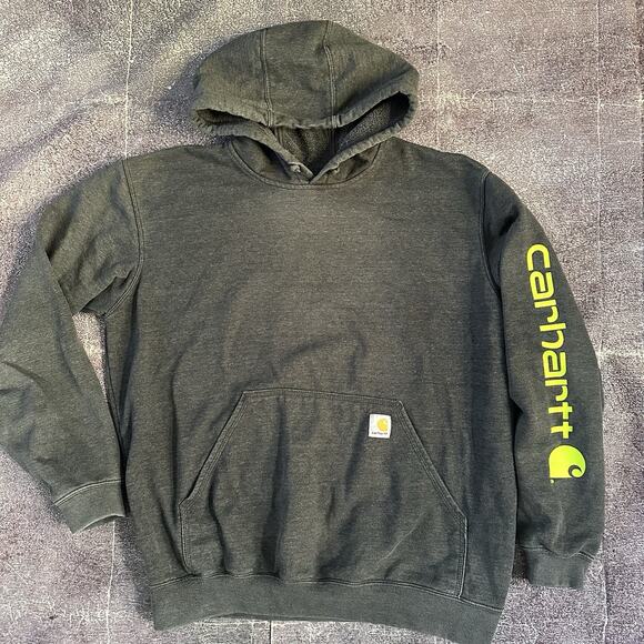 Men's Carhartt Dark Heather Gray Sleeve Spell Out Work Hoodie Sweatshirt Sz L - Picture 1 of 5